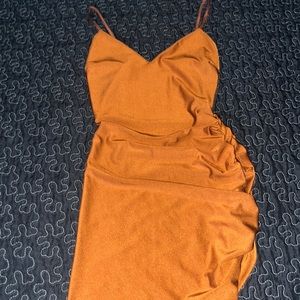 Brown/ Orange Windsor Dress with Open Leg and Ruched Side